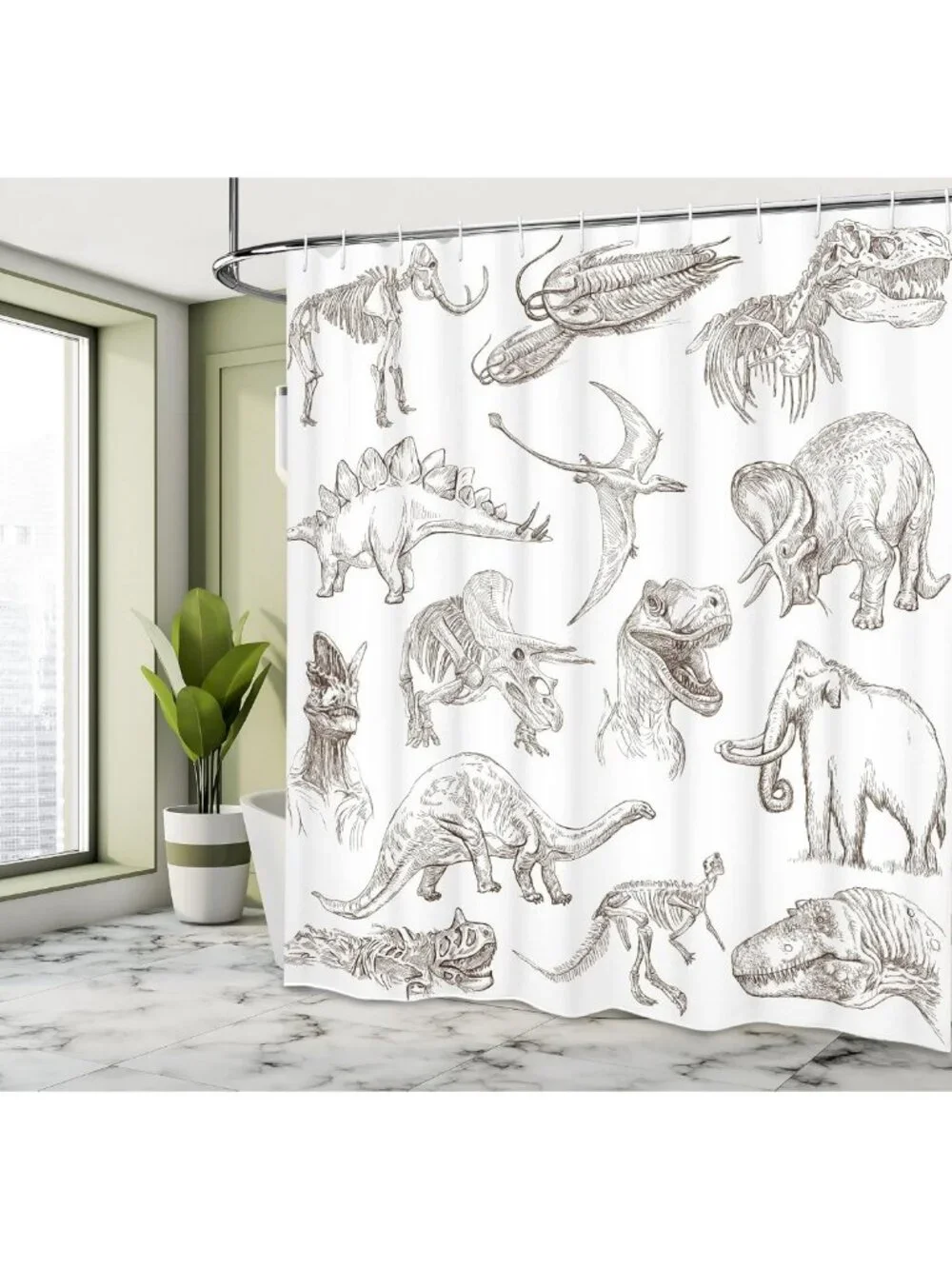 Jurassic Dinosaur Skeleton Shower Curtain, Unique Bathroom Decor, 69